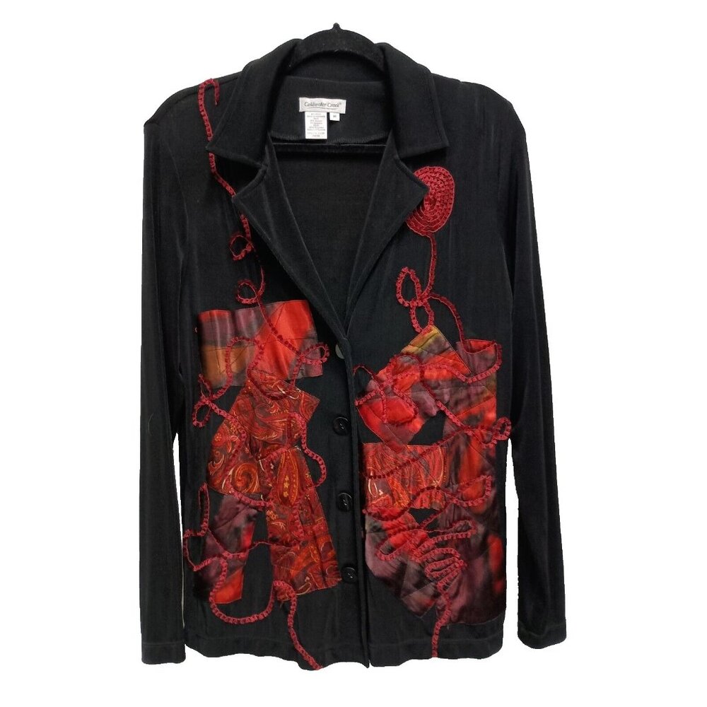 Coldwater‎ Creek Womens Slinky Knit Jacket Medium Black Red Wearable Art BOHO